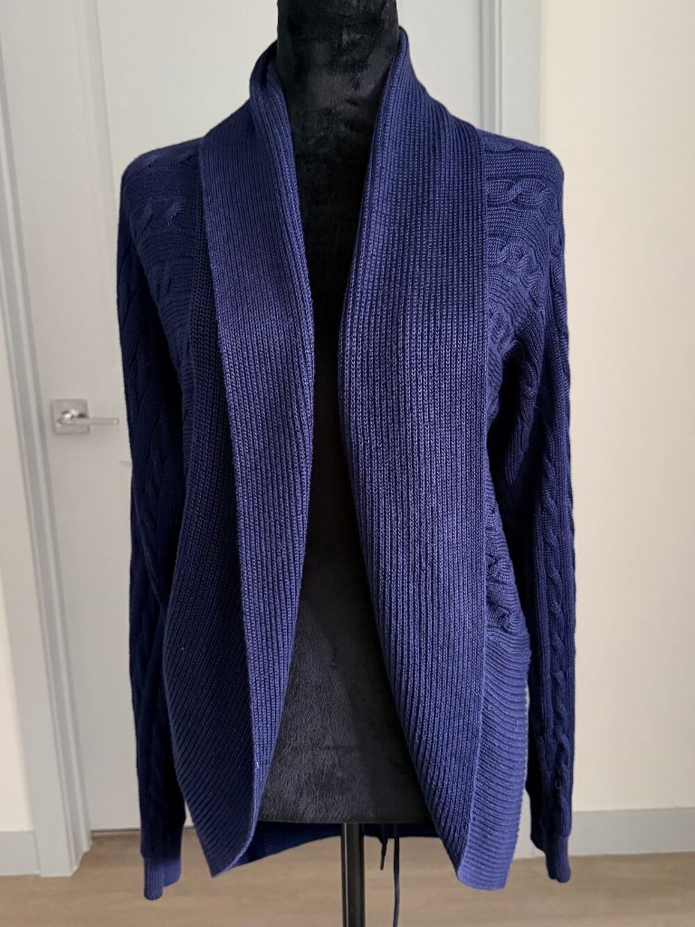 Lauren Ralph Lauren Navy Shawl Collar Open Front Cable Knit Cardigan Coastal S